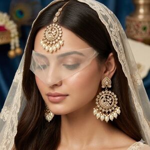 Peacock Kundan Chandbali Earrings & Maang Tikka Set | Polki Pearl